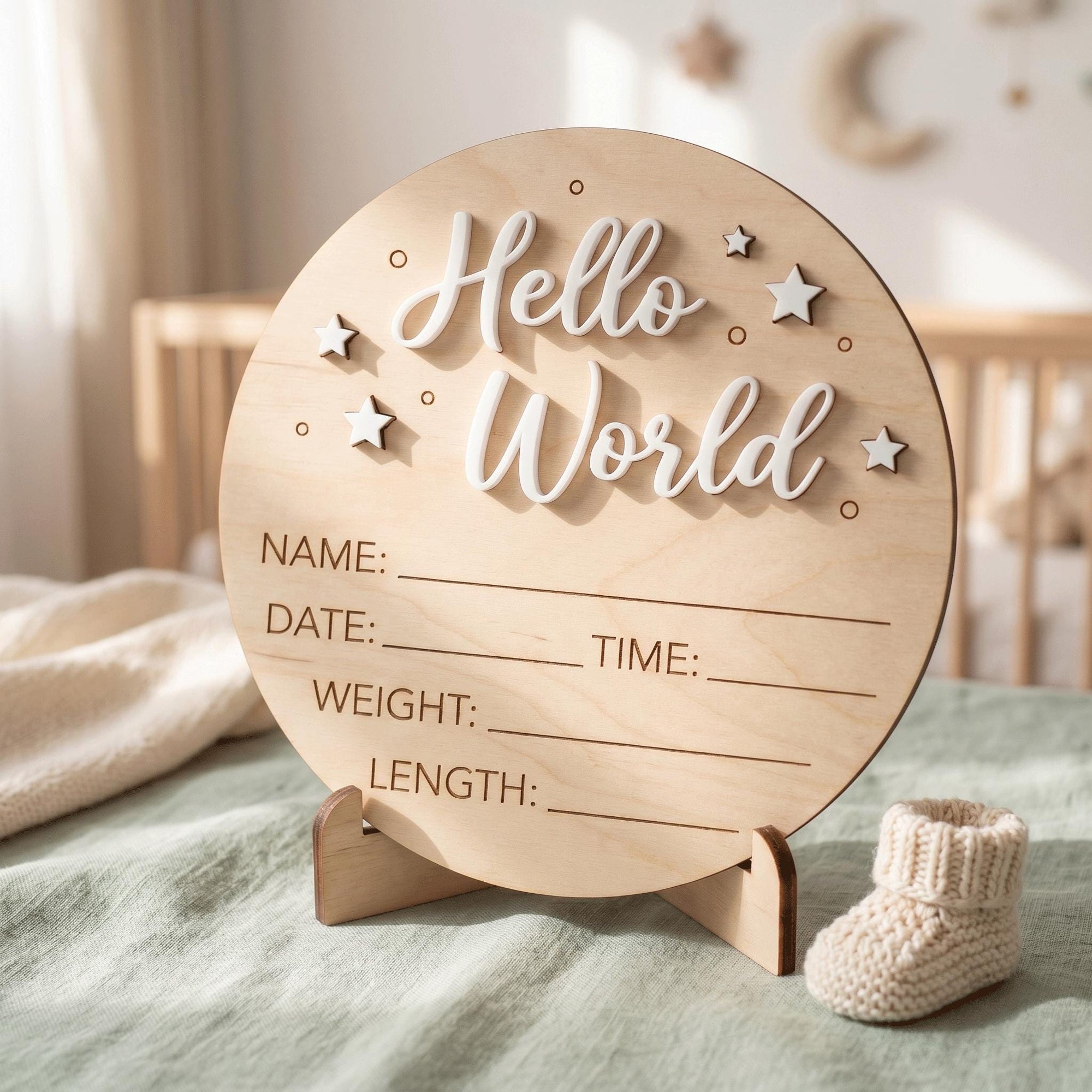 Celestial Stars Birth Stats Sign | 3D Star Wooden Baby Plaque | Acrylic Lettering Hello World Announcement | Neutral Nursery Prop