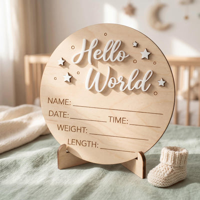 Celestial Stars Birth Stats Sign | 3D Star Wooden Baby Plaque | Acrylic Lettering Hello World Announcement | Neutral Nursery Prop