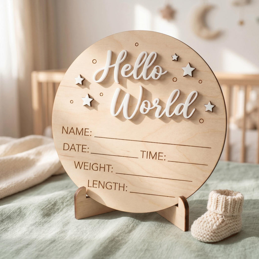 Celestial Stars Birth Stats Sign | 3D Star Wooden Baby Plaque | Acrylic Lettering Hello World Announcement | Neutral Nursery Prop