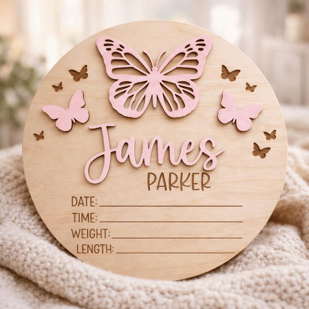 Baby Announcement Sign Set Personalized Wooden Baby Name Sign Butterfly Nursery Decor Birth Stats Sign Newborn Gift Set
