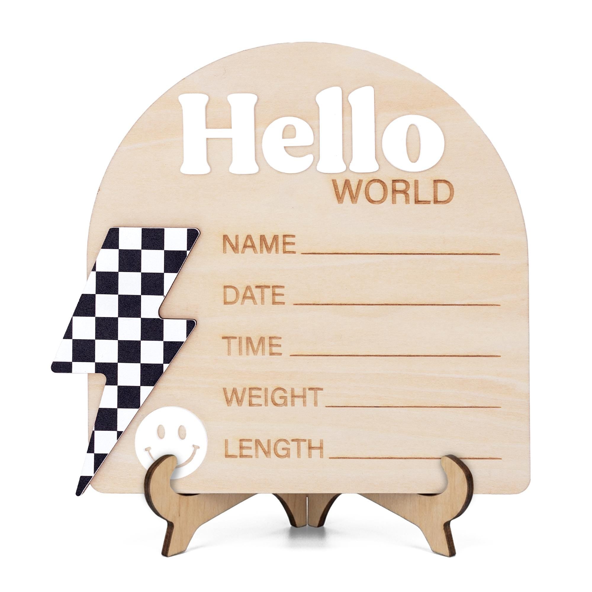 Checkered Lightning Bolt Birth Stats Sign | Retro Groovy Baby Name Plaque | Hello World Arch Photo Prop | Smiley Face Nursery Decor | Gift