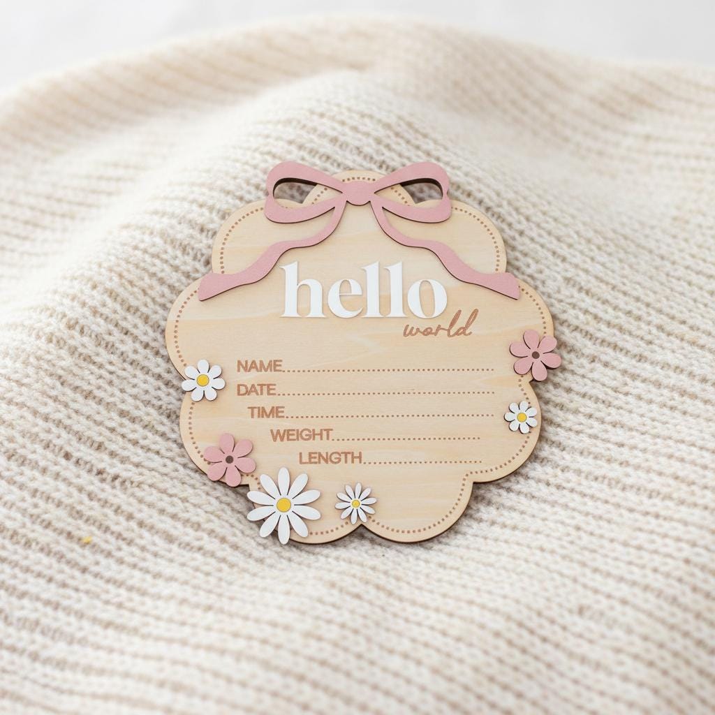 Floral Hello World Baby Birth Sign Wooden Newborn Photo Keepsake
