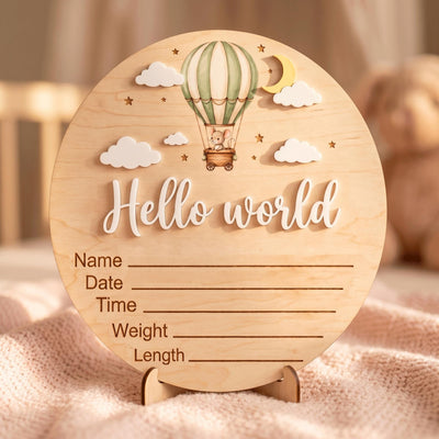 Hot Air Balloon Birth Stats Sign | 3D Mouse Wooden Baby Plaque | Acrylic Hello World Announcement | Neutral Adventure Prop