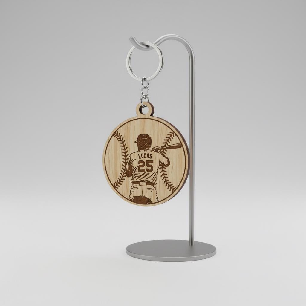 Personalized Wooden Baseball Keychain Custom Player Name and Number, Engraved Baseball Player Keychain, Little League Gift