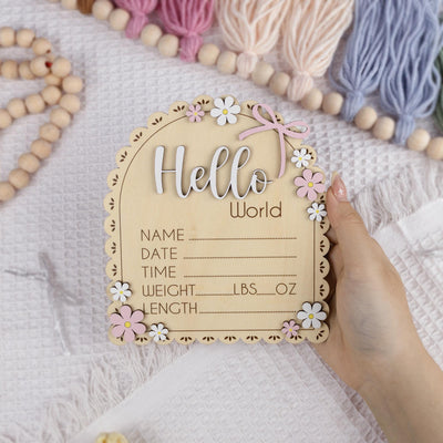 Hello World Birth Announcement Sign, Daisy Baby Sign, Floral Baby Name Sign, Wooden Newborn Photo Prop, Baby Shower Gift, Nursery Decor
