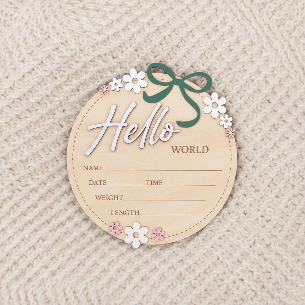 Baby Announcement Sign Pink Bow, Floral Baby Name Sign, Wooden Hello World Sign, Floral Birth Stats Sign,Floral Birth Announcement,Baby Sign
