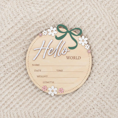 Baby Announcement Sign Pink Bow, Floral Baby Name Sign, Wooden Hello World Sign, Floral Birth Stats Sign,Floral Birth Announcement,Baby Sign
