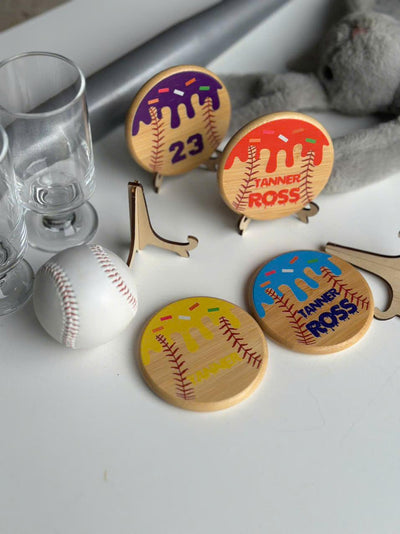 Personalized Baseball Bamboo Coaster: UV-Printed Drip Design