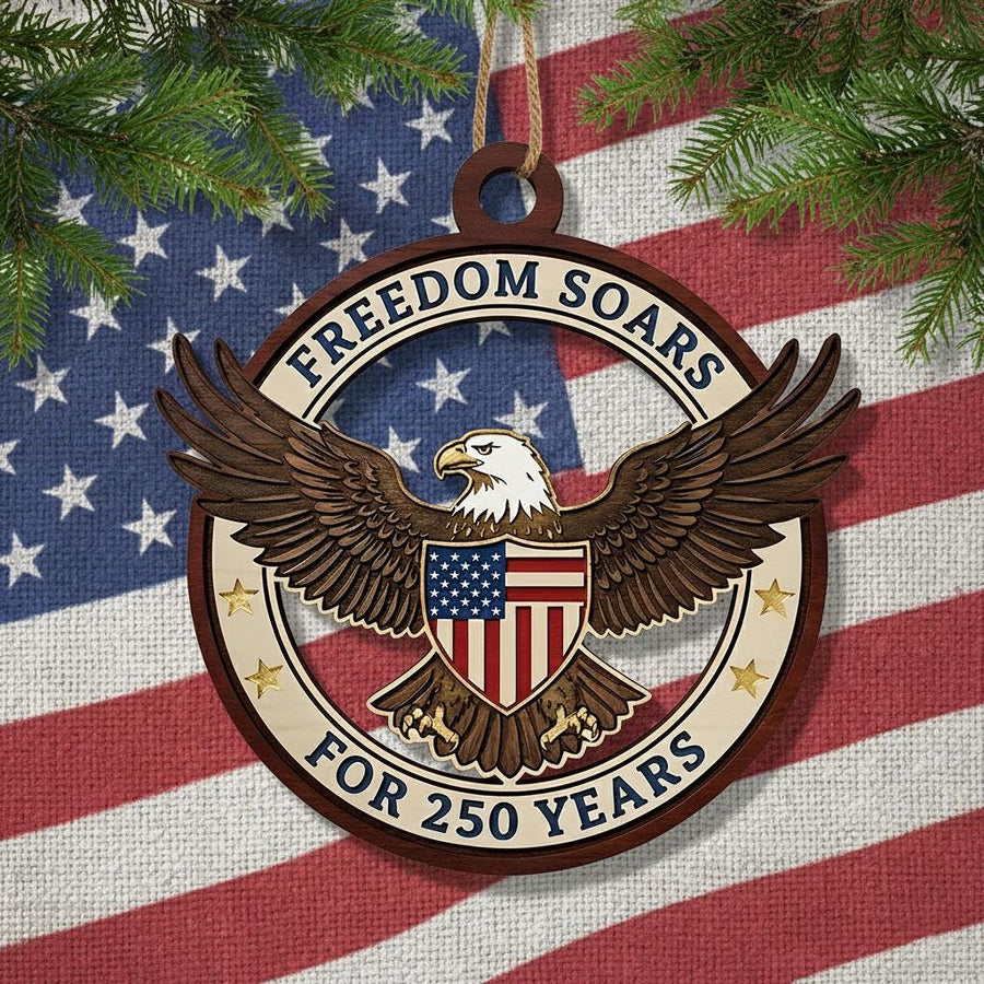 USA 250th Anniversary Ornament, Freedom Soars Wood Emblem, 1776-2026 Patriotic Eagle Gift, Semiquincentennial Wooden Decor
