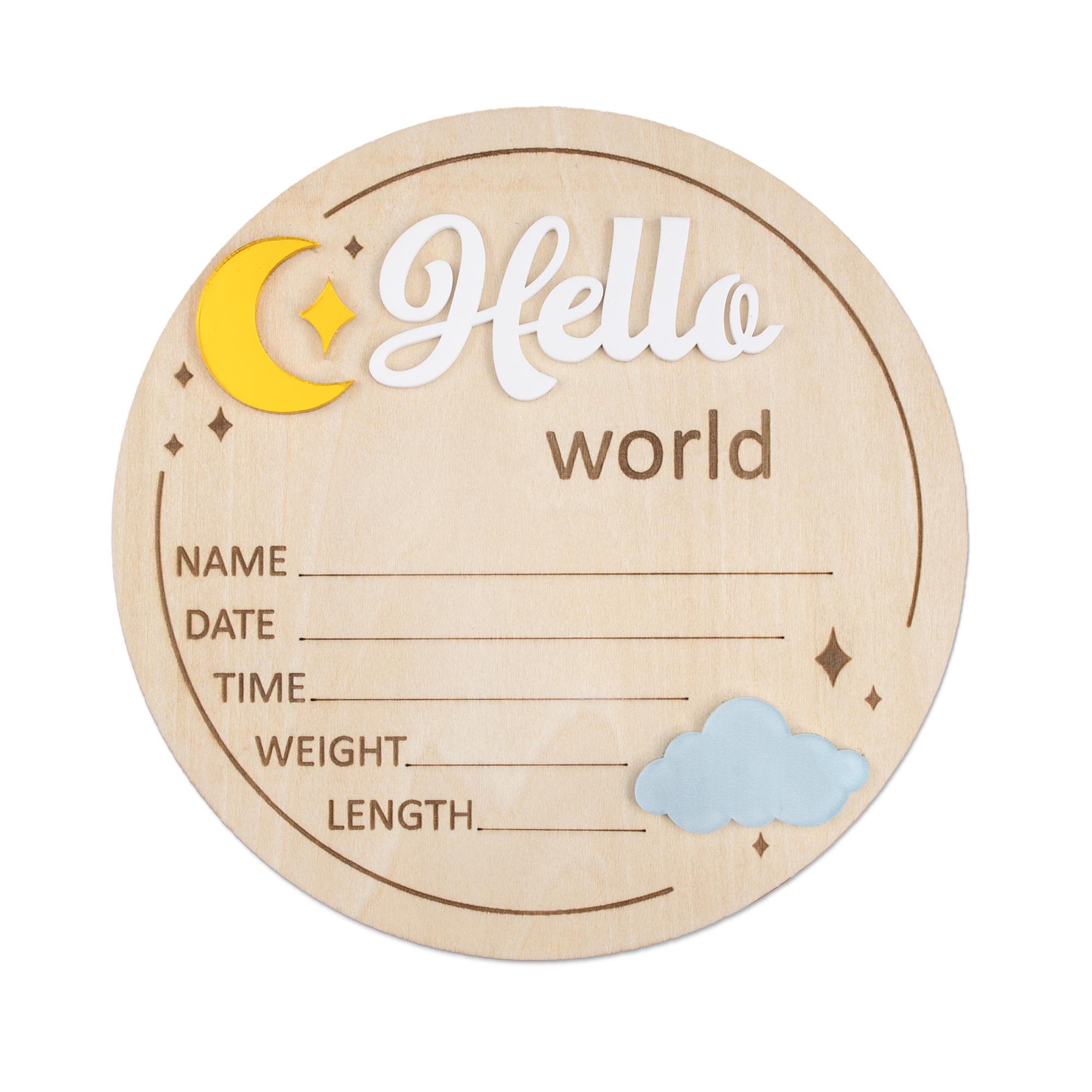 Hello World Birth Announcement Sign, Wooden Baby Name Reveal Sign, Sign For Baby Shower, Acrylic Moon and Cloud Newborn Photo Prop,Baby Sign