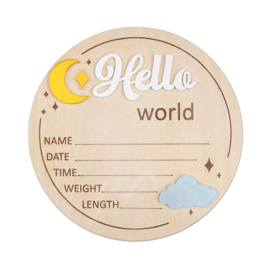 Hello World Birth Announcement Sign, Wooden Baby Name Reveal Sign, Sign For Baby Shower, Acrylic Moon and Cloud Newborn Photo Prop,Baby Sign