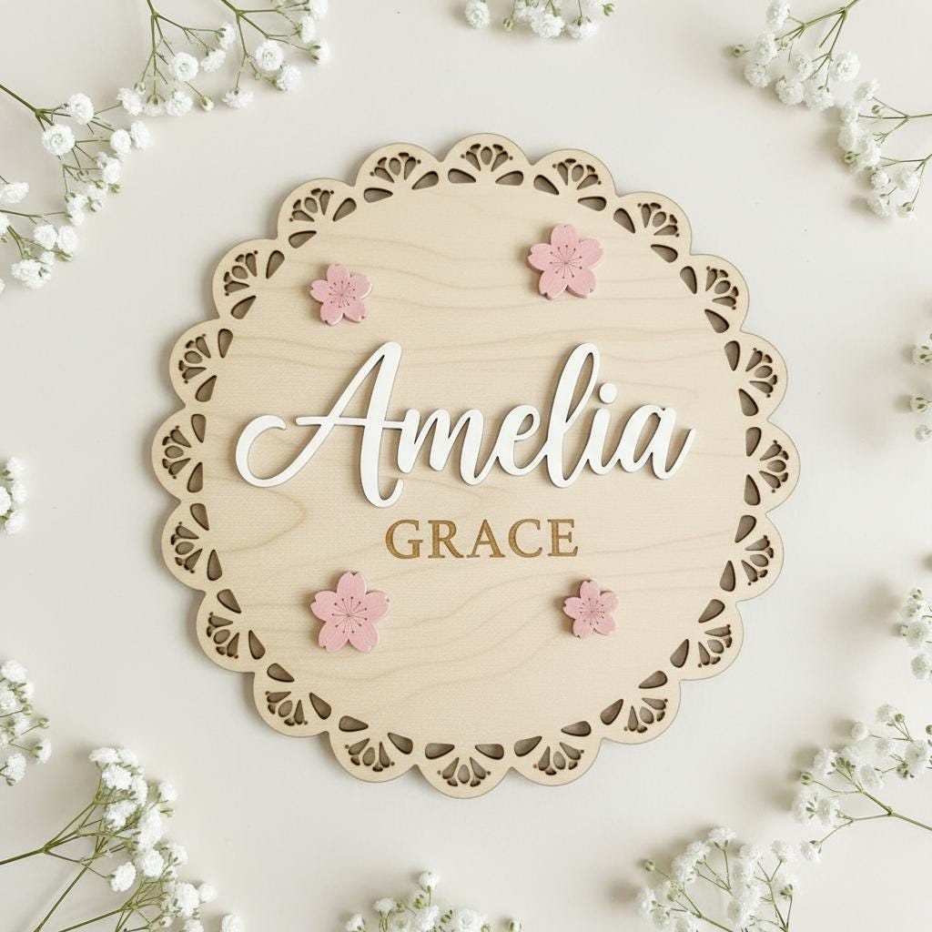 Personalized Baby Name Wood Sign, Floral Nursery Wall Decor