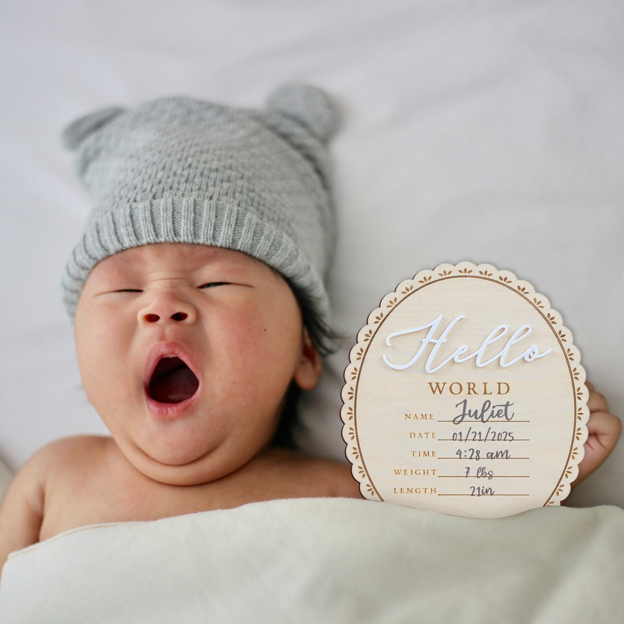 Ribbon Bow Name Sign, Monthly Milestone Photo, Baby Monthly Milestone Sign, Wood Milestone Card, Personalized Hospital Birth Announcement