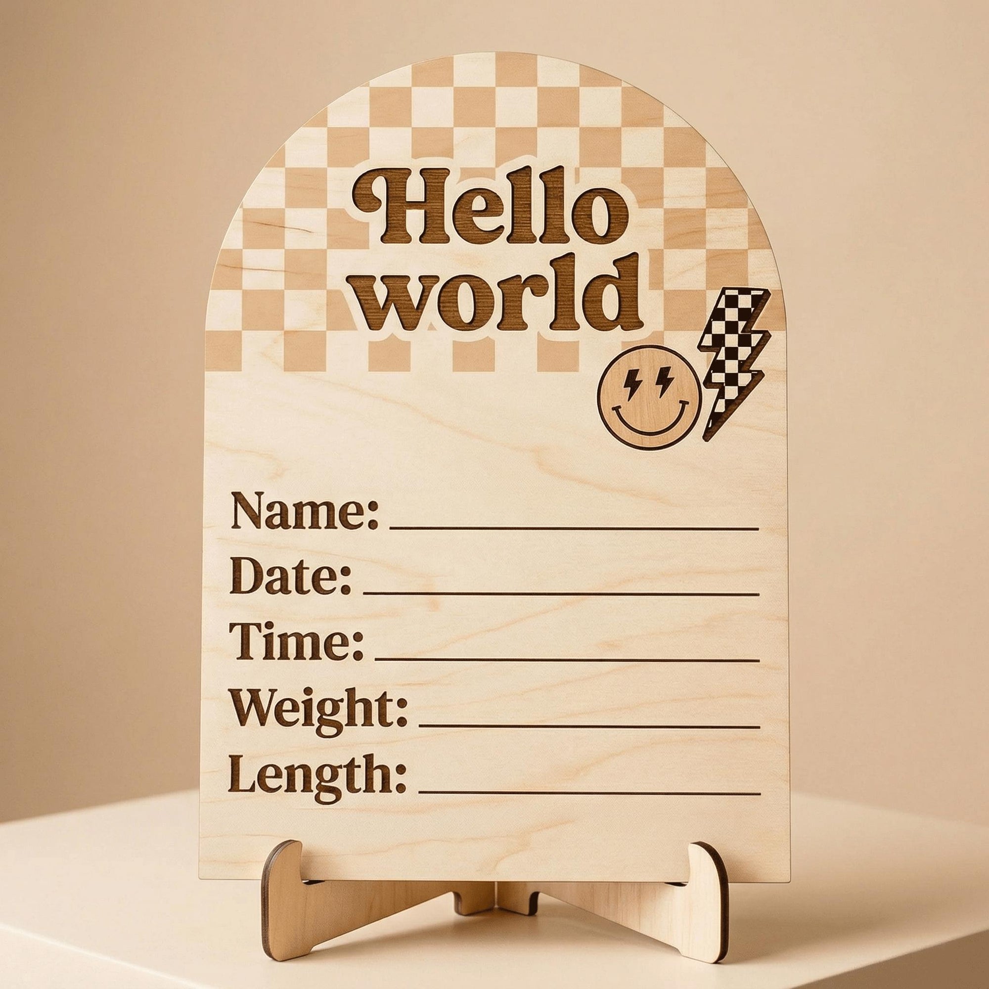 Retro Groovy Birth Stats Sign | Checkerboard Arch Wooden Newborn Plaque | Custom Smiley Baby Announcement | Neutral Nursery Prop