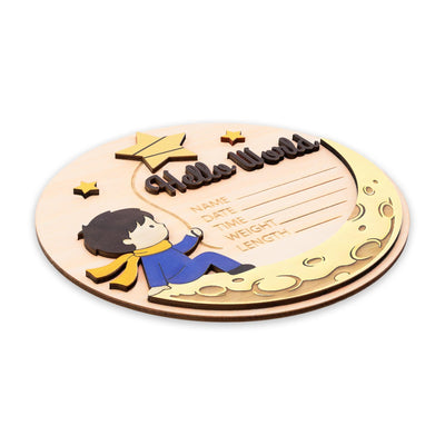 Little Prince Birth Stats Sign | 3D Moon and Stars Wooden Plaque | Hello World Newborn Announcement | Storybook Photo Prop | Baby Boy Gift