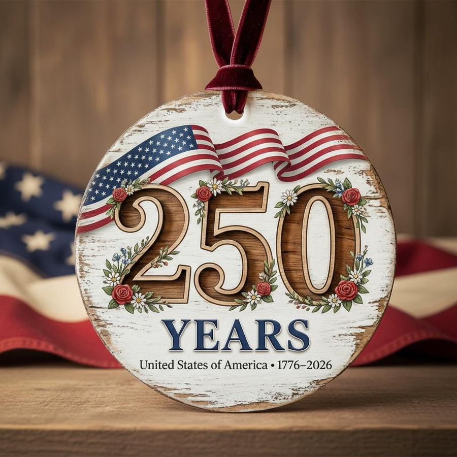 USA 250 Years Ornament, 250th Anniversary Floral Gift, 1776-2026 Semiquincentennial Decor, Rustic Farmhouse America Keepsake