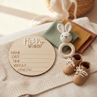 Personalized Baby Birth Stats Sign, Wooden Hello World Newborn Nursery Decor