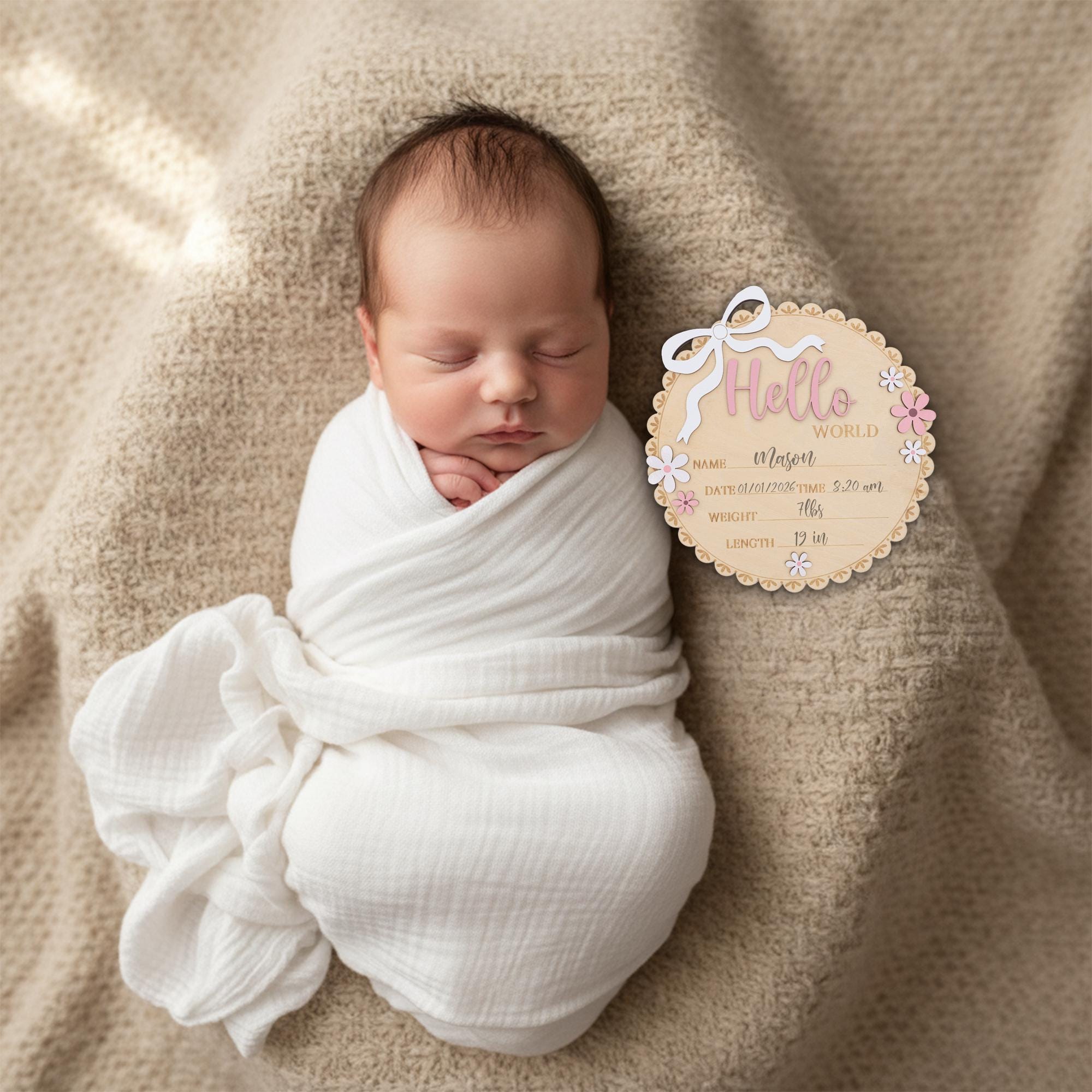 Neutral Baby Girl Hello World Sign Wooden Floral Nursery Keepsake