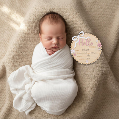 Neutral Baby Girl Hello World Sign Wooden Floral Nursery Keepsake