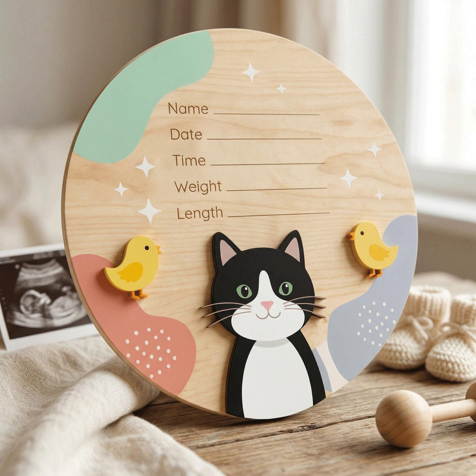 Tuxedo Cat Birth Stats Sign | Baby Chick 3D Wooden Newborn Plaque | Custom Kitten Baby Announcement | Neutral Nursery Decor