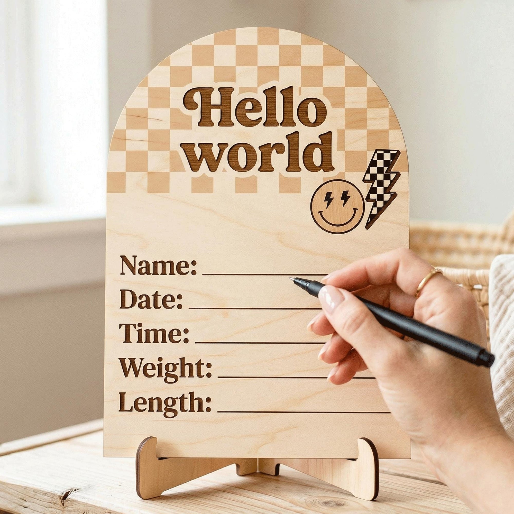 Retro Groovy Birth Stats Sign | Checkerboard Arch Wooden Newborn Plaque | Custom Smiley Baby Announcement | Neutral Nursery Prop