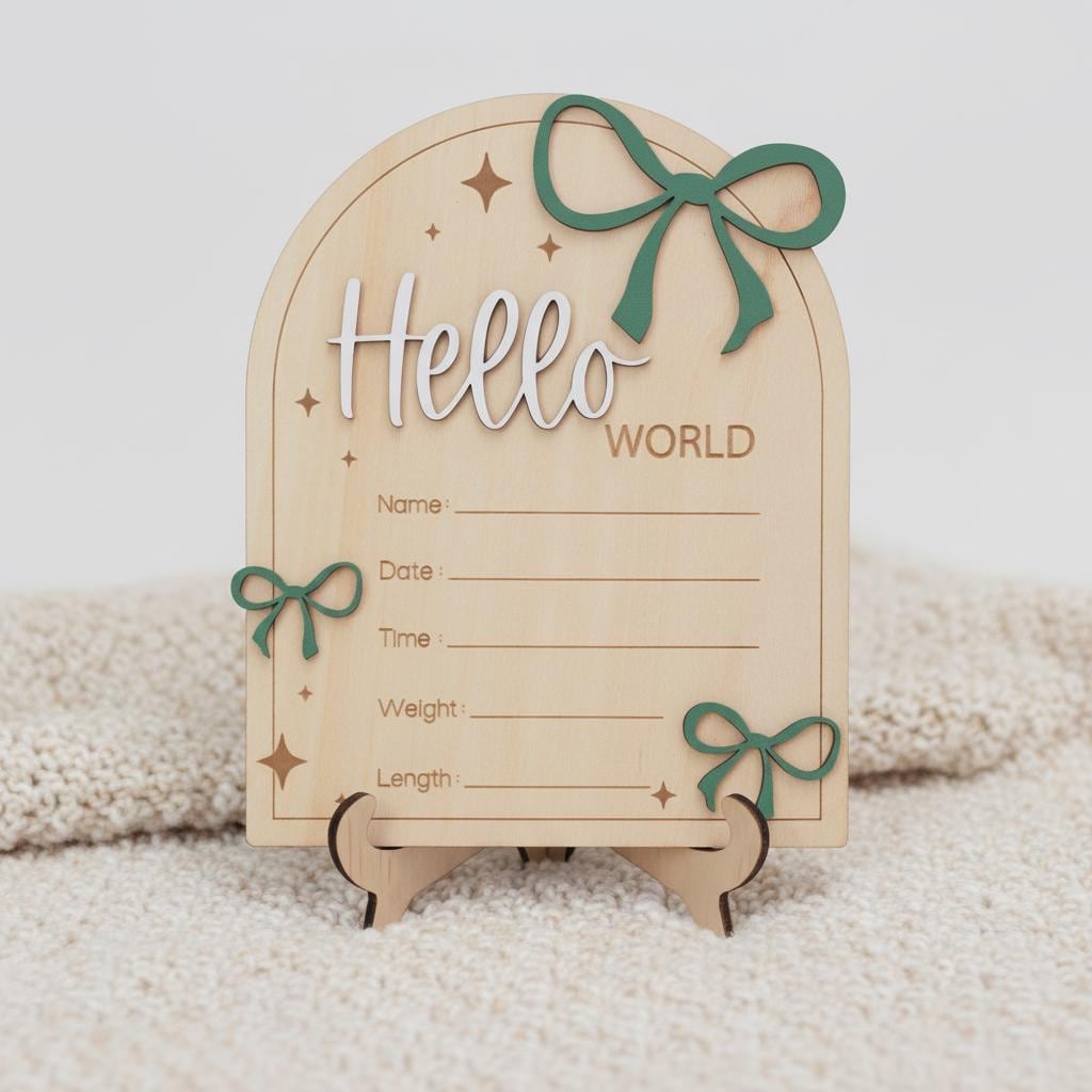 Hello World Wooden Baby Birth Announcement Sign with Name and Stats
