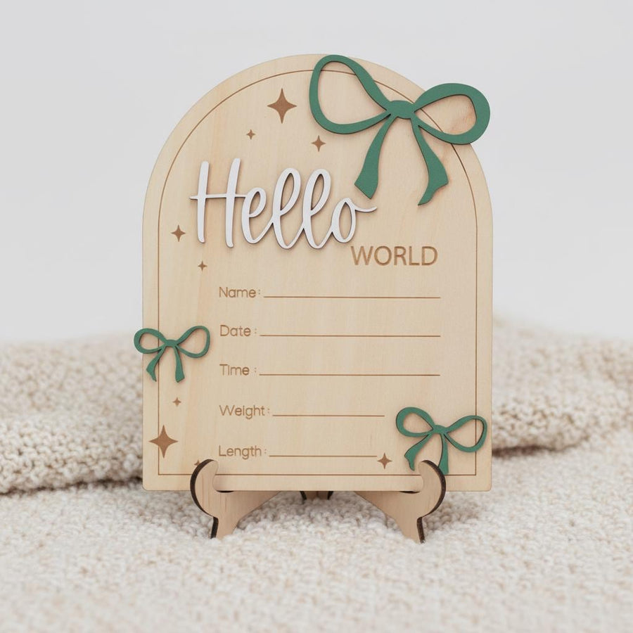 Hello World Wooden Baby Birth Announcement Sign with Name and Stats