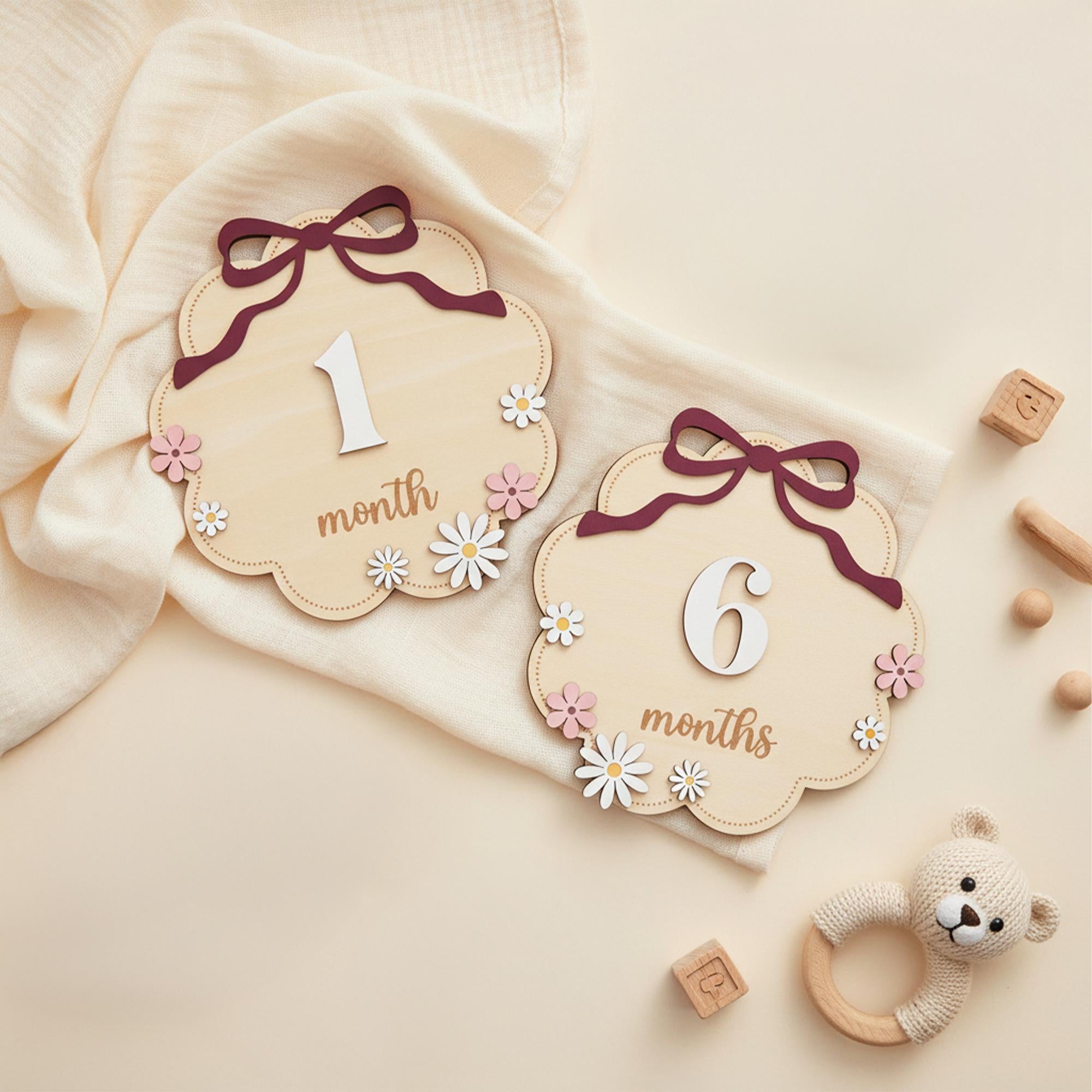 Wooden Baby Milestone Numbers Sign 1–12 Months Floral Design