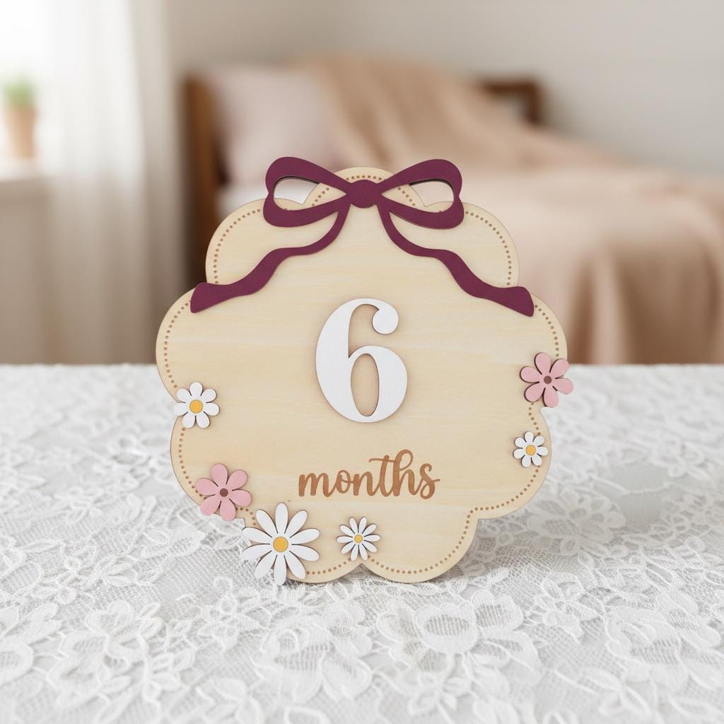 Wooden Baby Milestone Numbers Sign 1–12 Months Floral Design