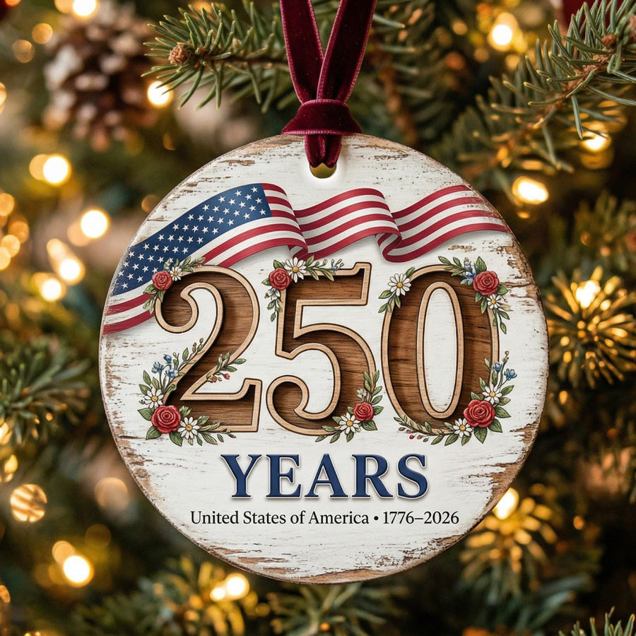USA 250 Years Ornament, 250th Anniversary Floral Gift, 1776-2026 Semiquincentennial Decor, Rustic Farmhouse America Keepsake