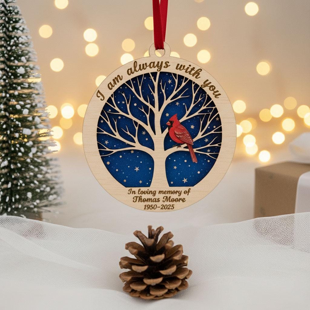 Personalized Memorial Christmas Ornament, Custom Wooden Ornament with Name and Years, Cardinal Remembrance Gift, Sympathy Keepsake, Ornament