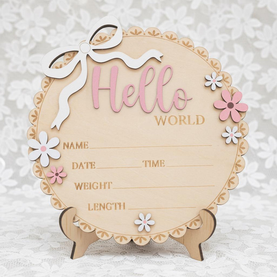 Neutral Baby Girl Hello World Sign Wooden Floral Nursery Keepsake