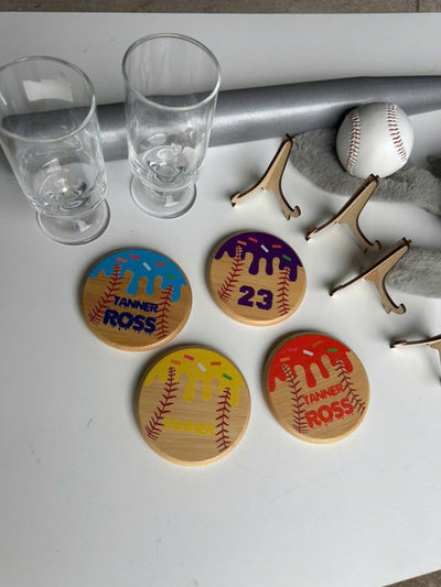Personalized Baseball Bamboo Coaster: UV-Printed Drip Design