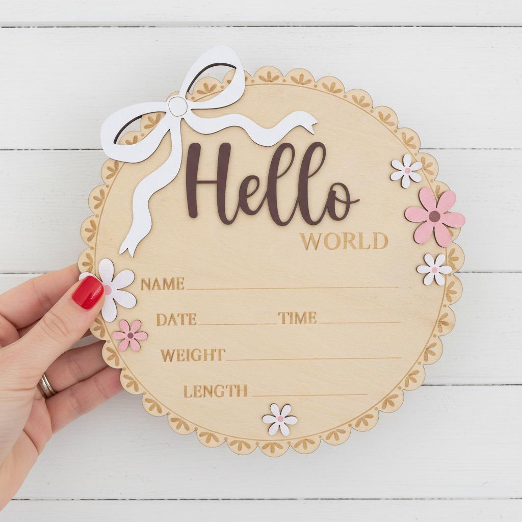 Newborn Hello World Sign Wooden Baby Birth Details Photo Prop