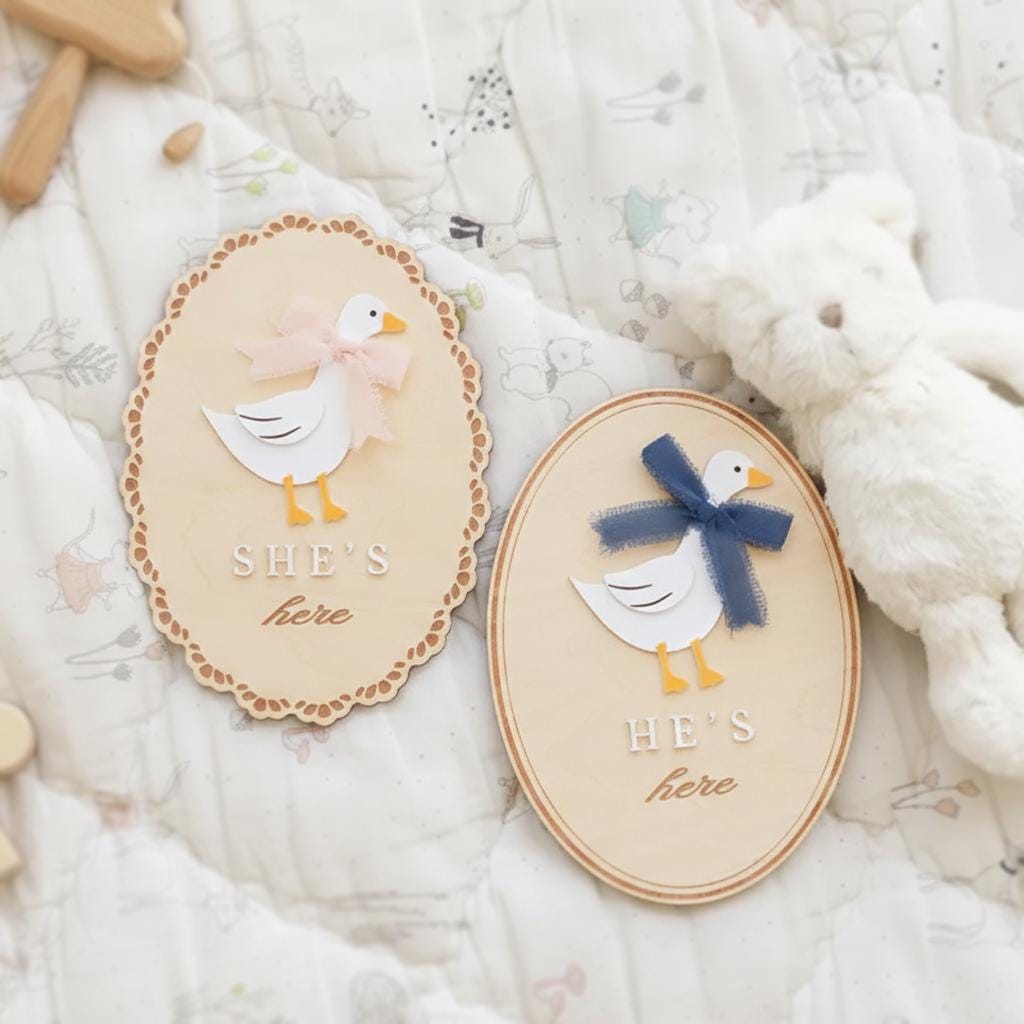 He’s Here She’s Here Wooden Baby Announcement Signs