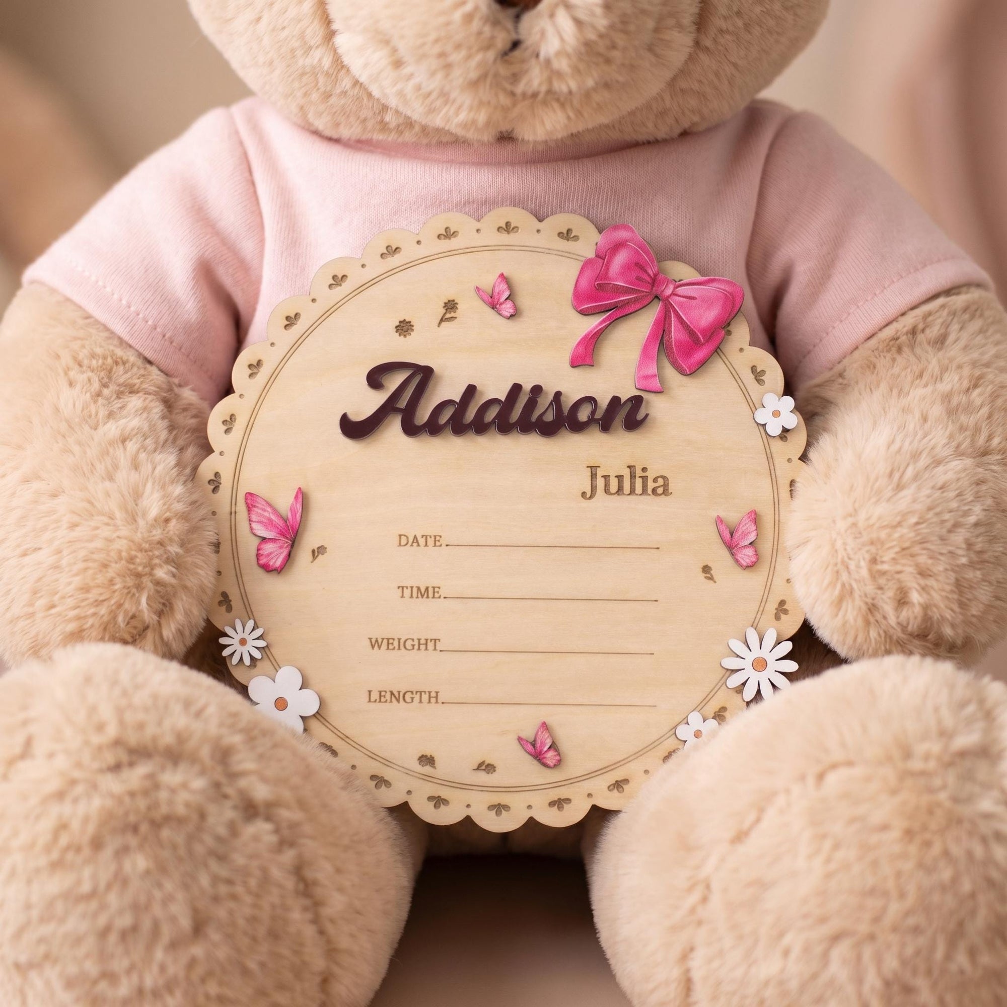 Personalized Round Baby Name Sign for Nursery Scalloped Birth Announcement Sign Custom Wood Plaque Girl Bow Baby Shower Gift