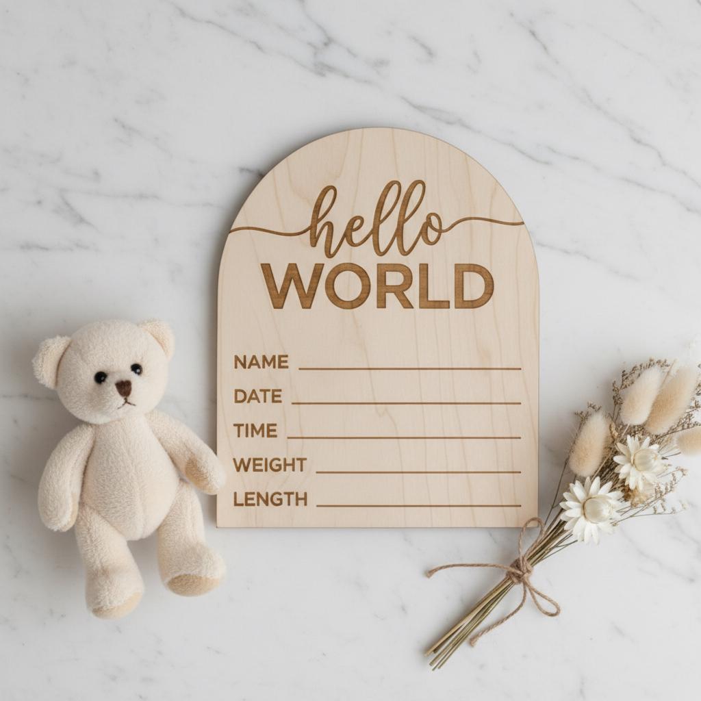 Hello World Wooden Baby Birth Announcement Sign, Newborn Photo Keepsake