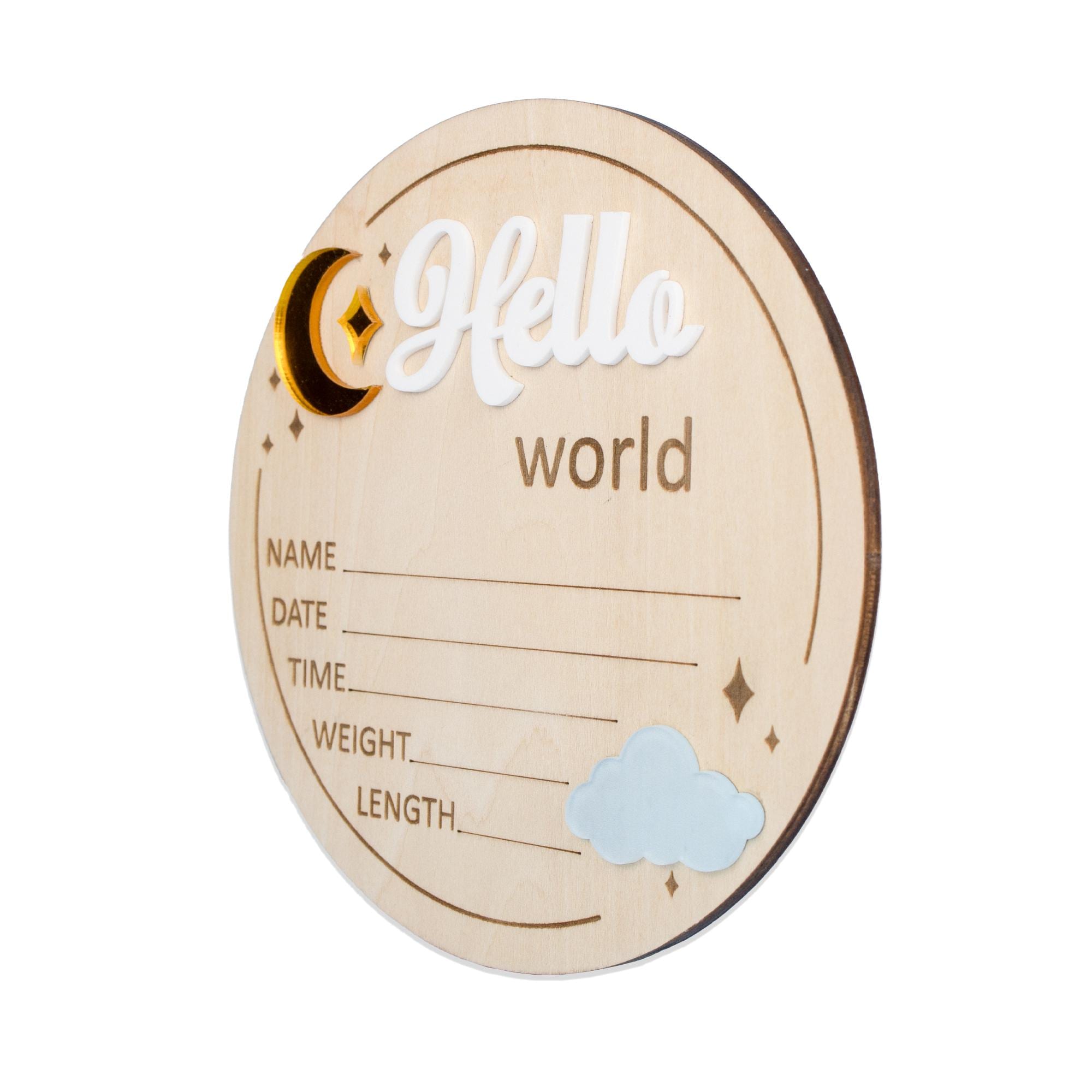 Hello World Birth Announcement Sign, Wooden Baby Name Reveal Sign, Sign For Baby Shower, Acrylic Moon and Cloud Newborn Photo Prop,Baby Sign