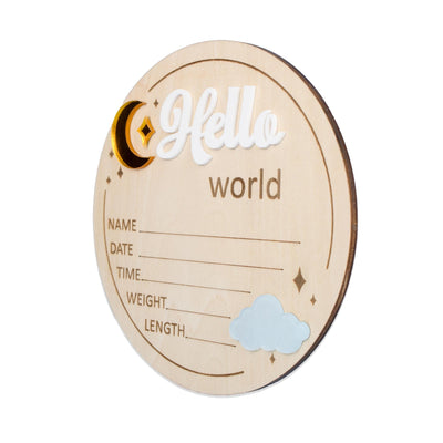 Hello World Birth Announcement Sign, Wooden Baby Name Reveal Sign, Sign For Baby Shower, Acrylic Moon and Cloud Newborn Photo Prop,Baby Sign