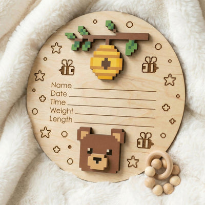 Pixel Art Bear Birth Stats Sign for Hospital | Honey Bee Wooden Newborn Plaque | Custom Unisex Baby Announcement | Nursery Prop