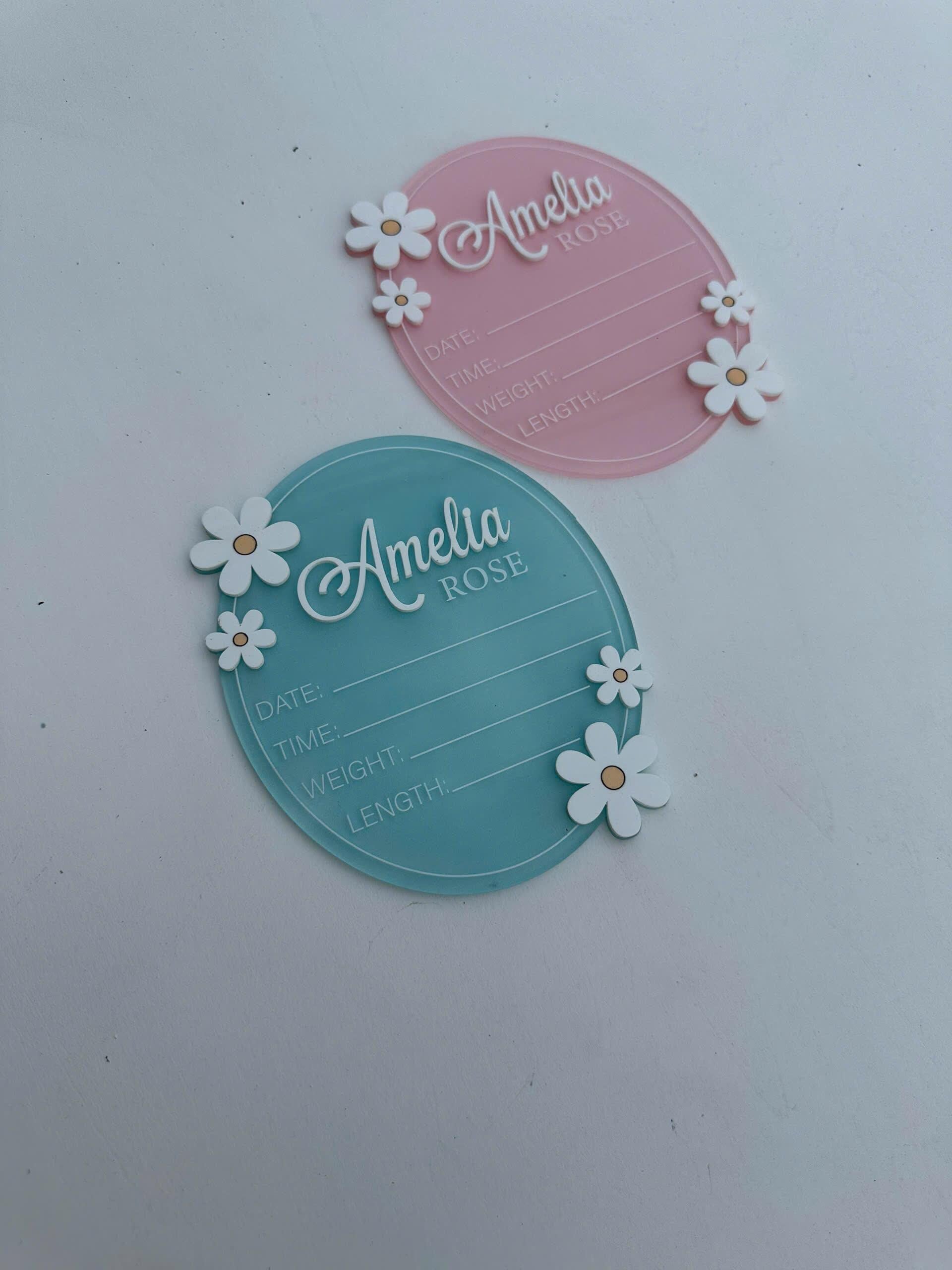 Acrylic Baby Announcement Sign: 3D Daisy, Pastel Pink or Mint