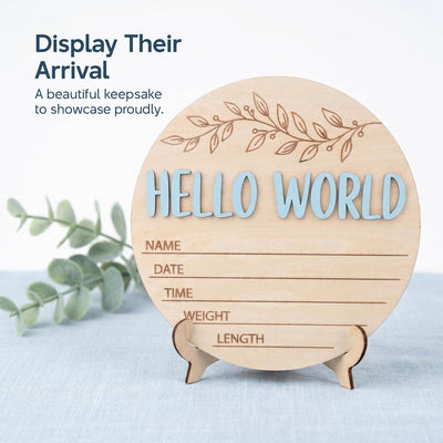 Blue Hello World Birth Stats Sign | 3D Botanical Leaf Wooden Plaque | Round Baby Boy Announcement Disc | Nursery Prop | Baby Shower Gift
