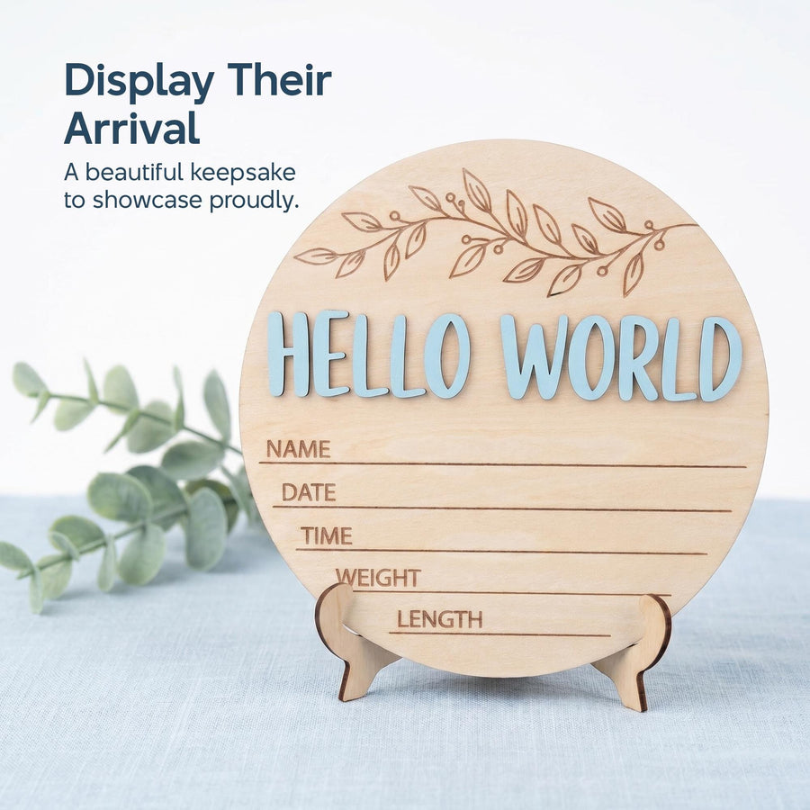 Blue Hello World Birth Stats Sign | 3D Botanical Leaf Wooden Plaque | Round Baby Boy Announcement Disc | Nursery Prop | Baby Shower Gift