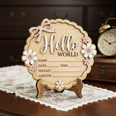 Coquette Pink Bow Birth Sign | 3D Daisy Scalloped Plaque | Acrylic Hello World Announcement | Shabby Chic Girl Nursery Prop