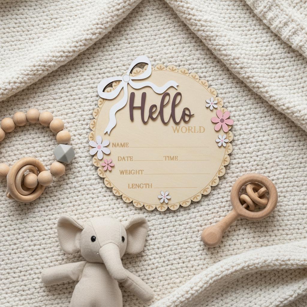 Newborn Hello World Sign Wooden Baby Birth Details Photo Prop