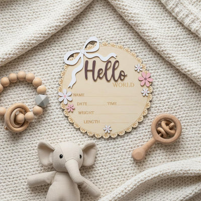 Newborn Hello World Sign Wooden Baby Birth Details Photo Prop