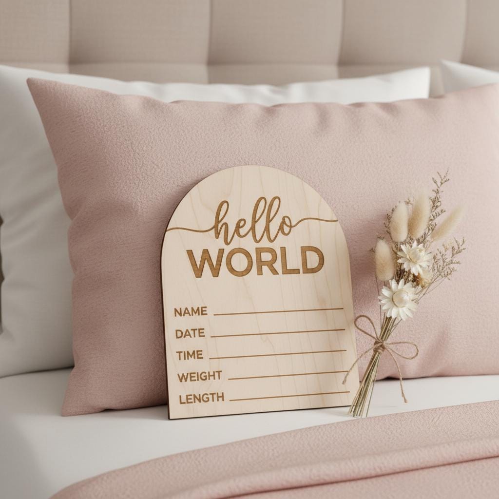 Hello World Wooden Baby Birth Announcement Sign, Newborn Photo Keepsake