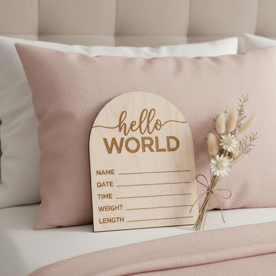 Hello World Wooden Baby Birth Announcement Sign, Newborn Photo Keepsake