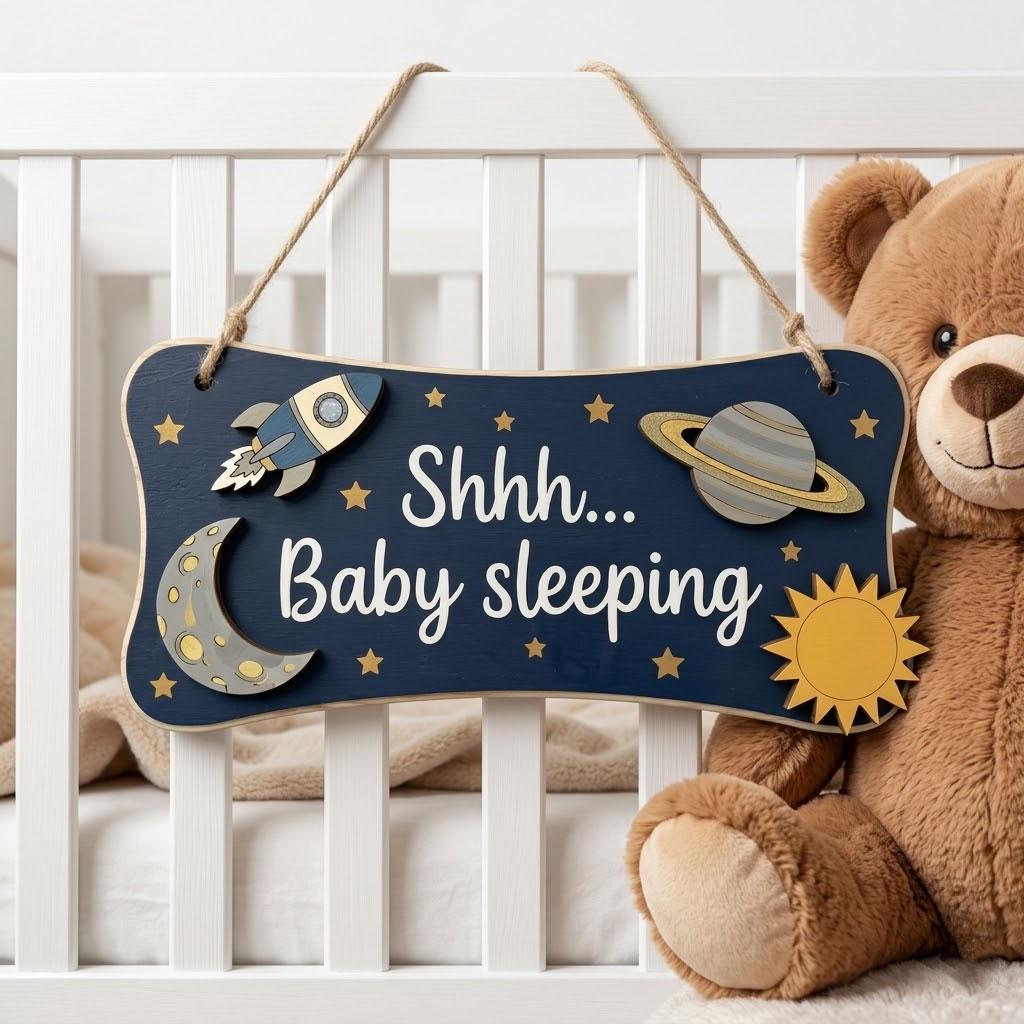 Baby Sleeping Door Sign Do Not Disturb | Outer Space Wooden Hanger | Rocket Ship Shh Plaque | Custom Galaxy Boy Nursery Decor