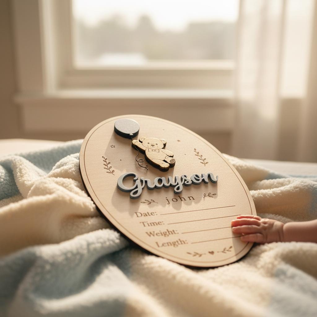 Teddy Bear Birth Stats Sign | 3D Balloon Oval Wooden Plaque | Custom Baby Boy Girl Announcement | Whimsical Nursery Photo Prop